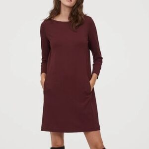 H&M Basics Maroon Shift Dress Size S Long Sleeve Pockets Boatneck Classic